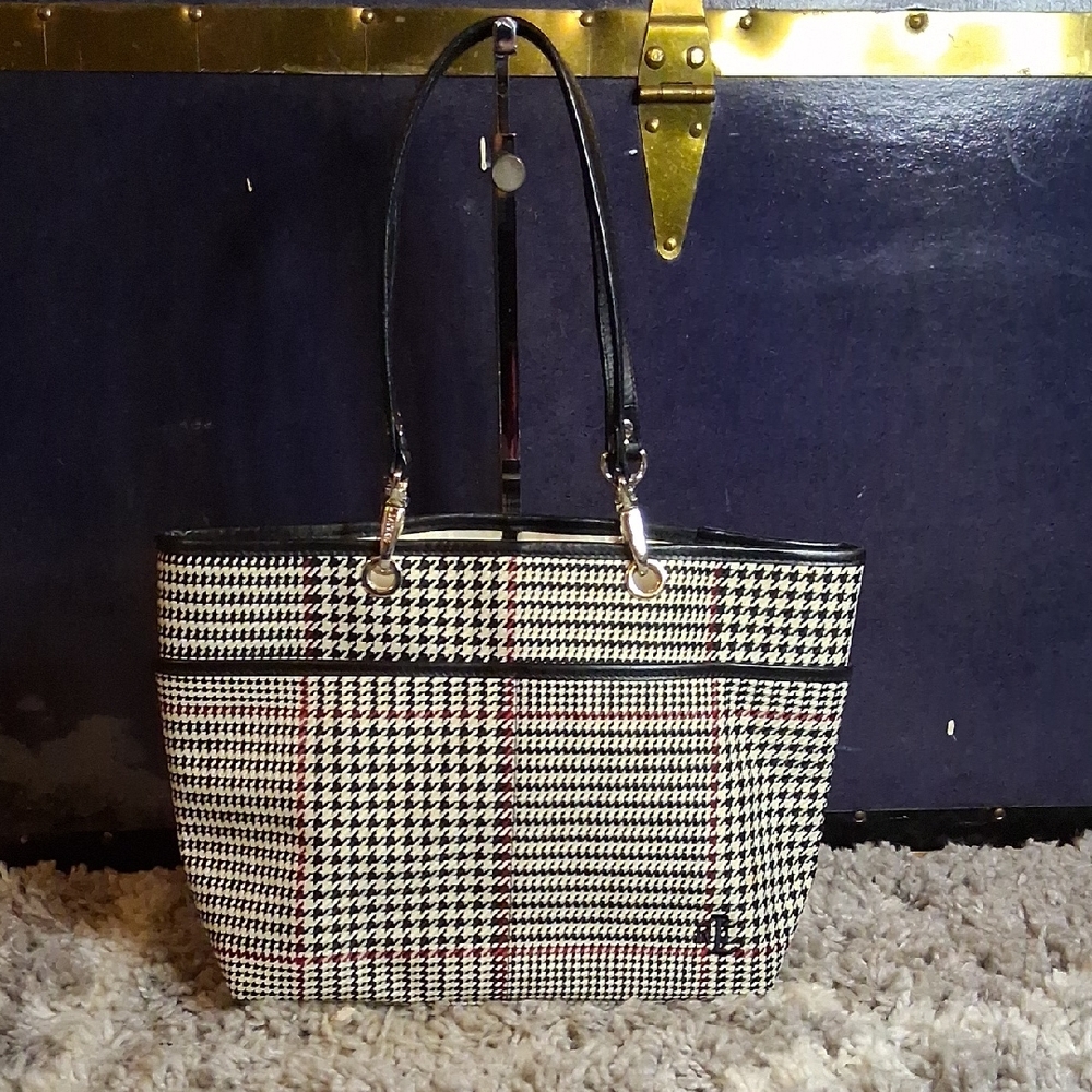 Lauren Ralph Lauren Black & White Houndstooth Tote with Red Accents